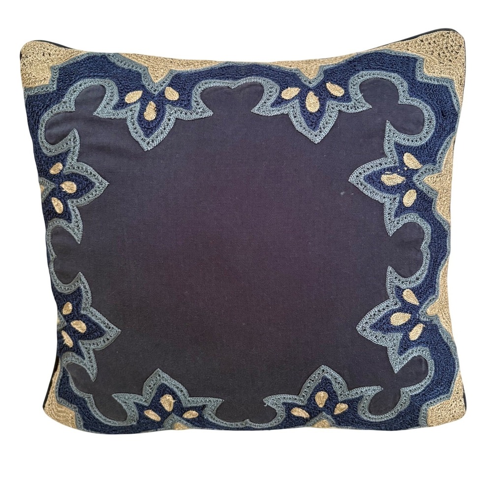 The Bombay Company Navy Blue Embroidered Boho Square Throw Pillow 12x12 India